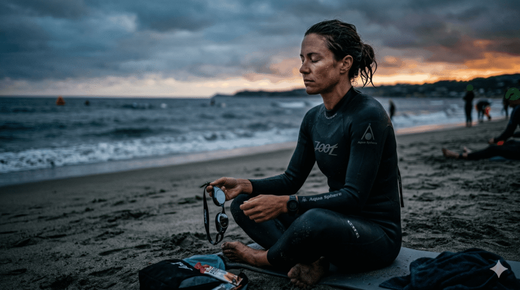 Elite open water swimmer practicing visualization techniques before a race
