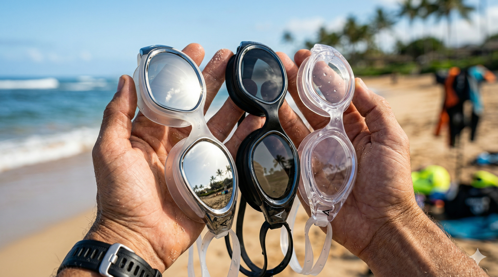 A triathlete holding different types of open water swimming goggles on the beach