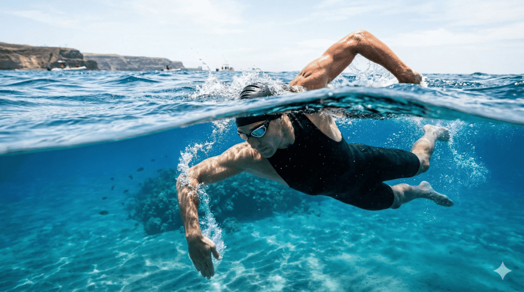 Triathlete executing a perfect high-elbow freestyle pull in the open ocean