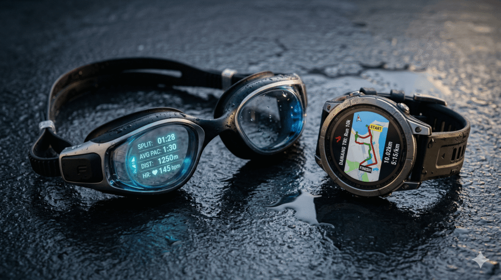 Swimmer analyzing their open water pacing metrics on a smartphone swim app