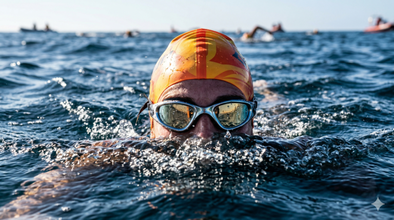 Triathlete using alligator eyes sighting technique with wide view swim goggles in the ocean