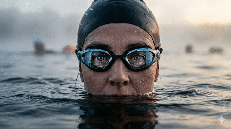 Swimmer wearing the best anti-fog swim goggles with crystal clear vision in a cold lake