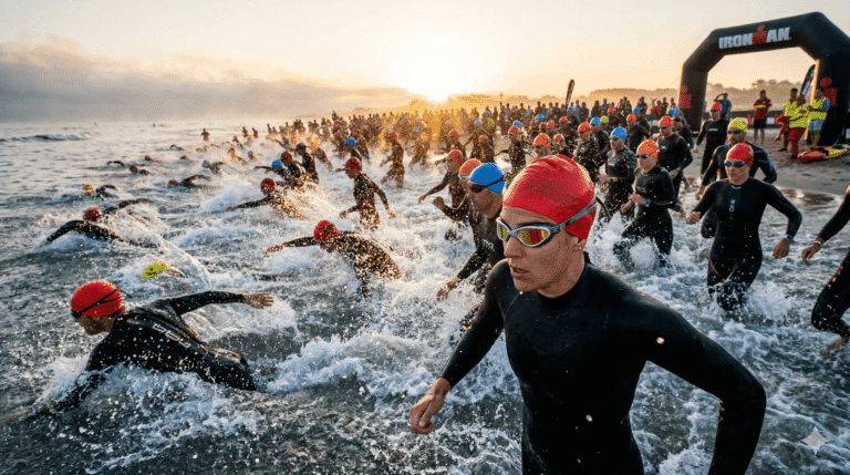 Mass start of an Ironman triathlon with athletes wearing the best swim goggles for open water