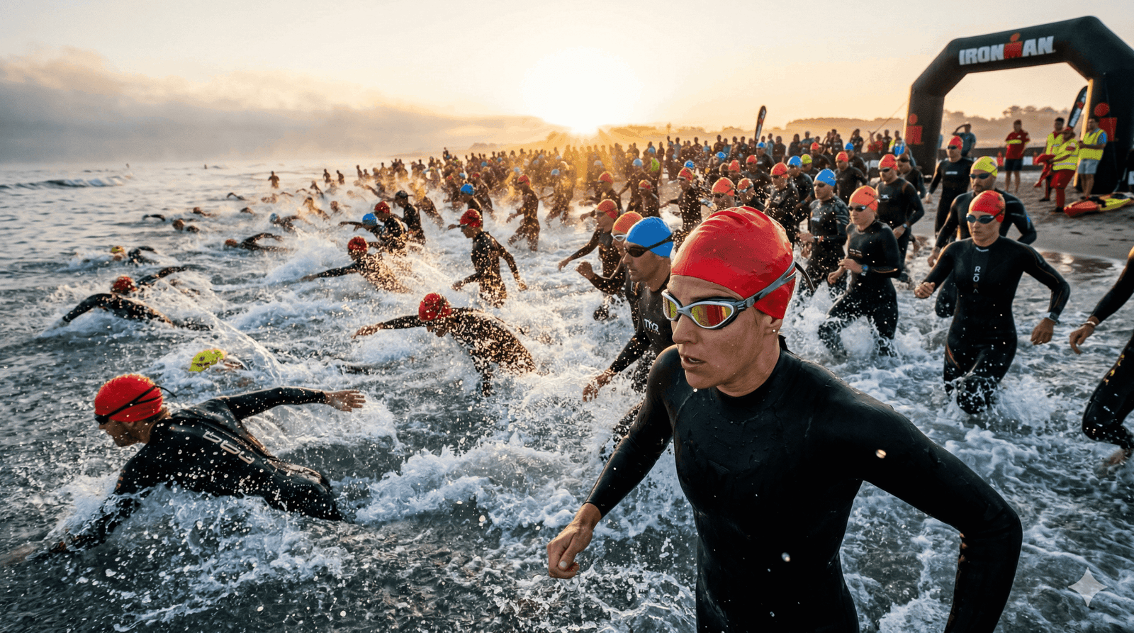 Triathlete swimming in open water with sun glare