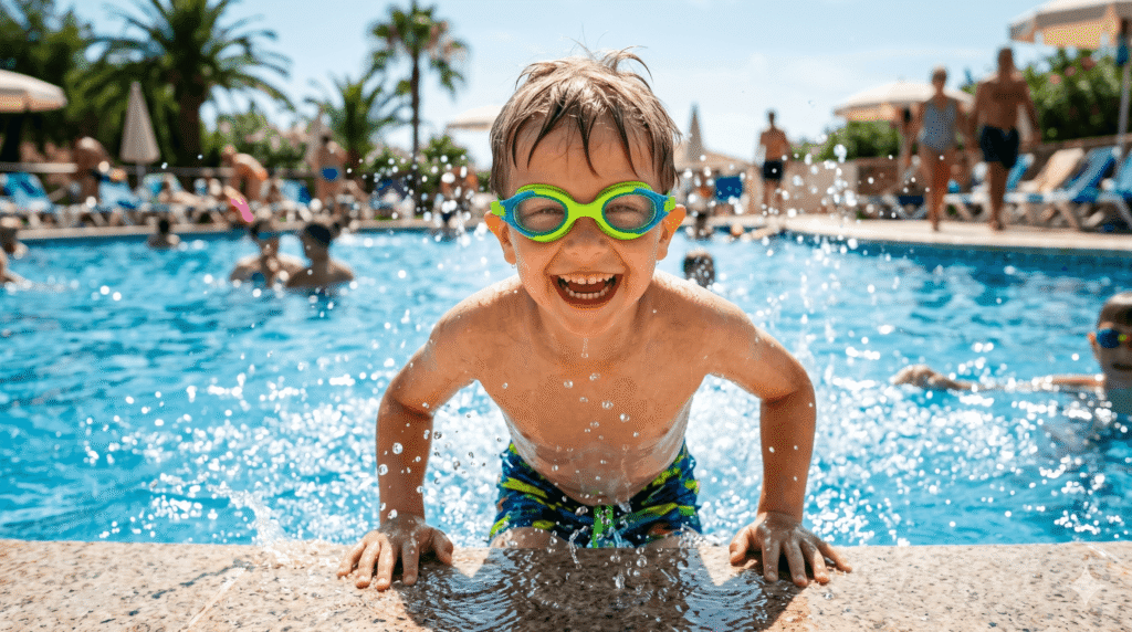 Happy child wearing bright, leak-proof swim goggles in a sunny pool