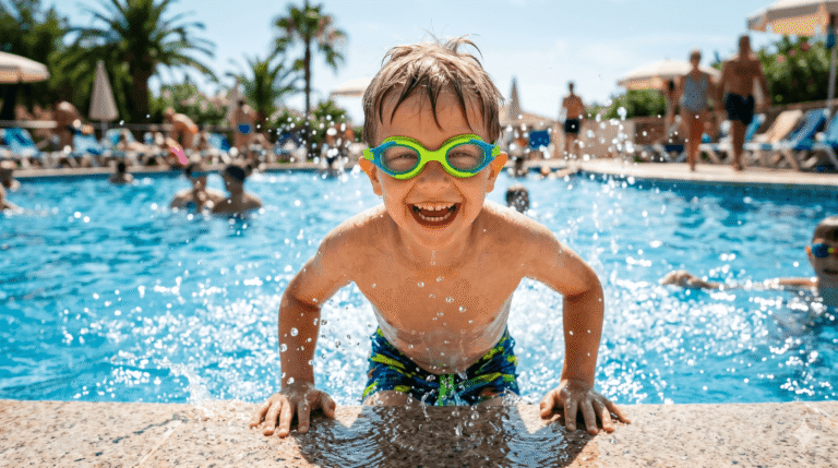 Happy child wearing bright, leak-proof swim goggles in a sunny pool