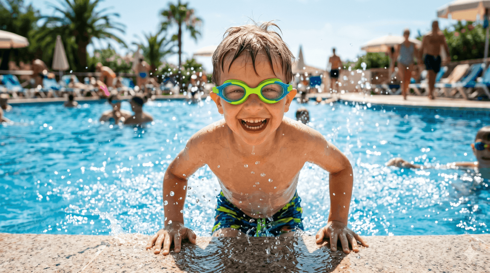 Parent helping child adjust swim goggles before swimming