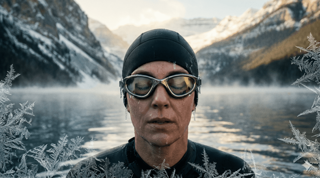 Open water swimmer wearing a neoprene beanie and swim goggles in freezing cold water